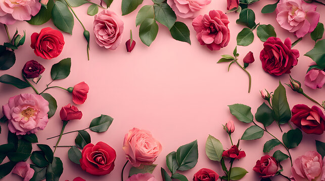 Red and pink roses with green leaves arranged on a light pink background, leaving space in the center.