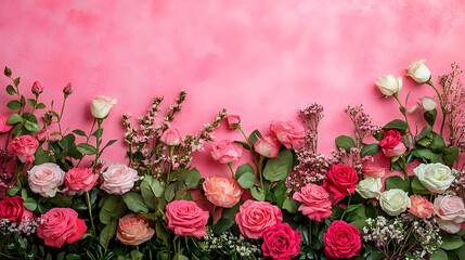 Pink and white roses arranged along the bottom of a textured pink background, leaving space for text or design.