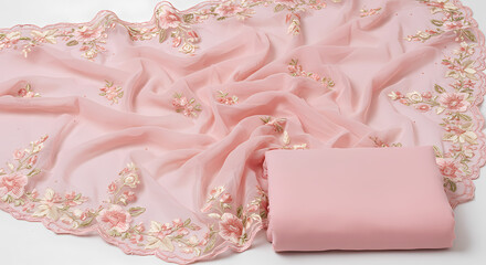 Pink Chiffon Fabric with Floral Embroidery: Elegant Textile for Clothing