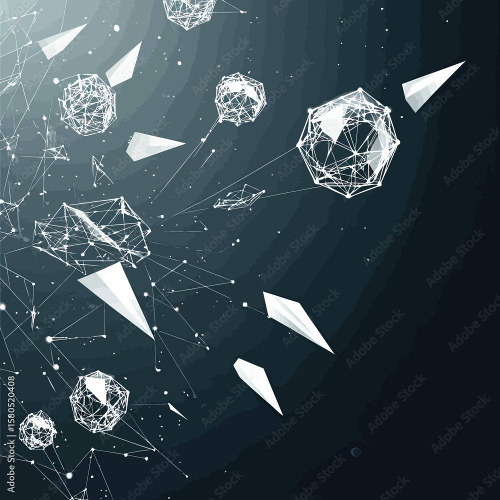 Poster abstract network of polygonal wireframe spheres and white paper airplanes flying in dark space digit