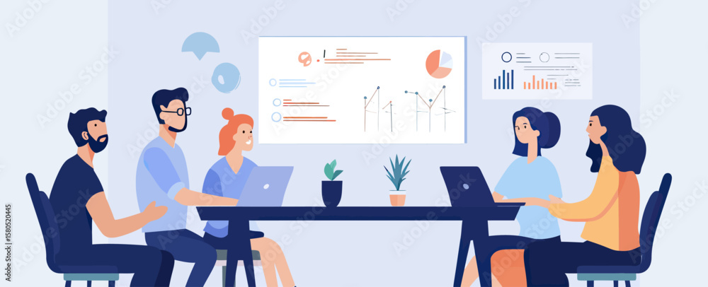 Poster flat vector illustration of diverse business team meeting at table brainstorming project ideas with 