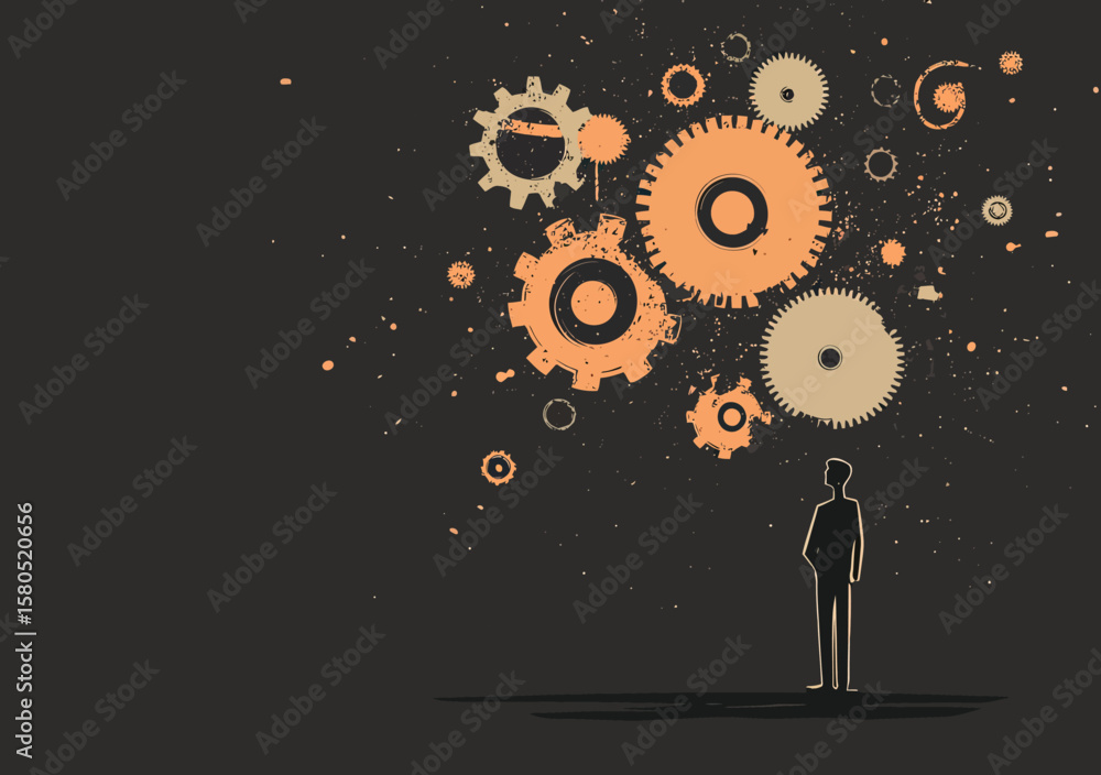 Aufkleber businessman silhouette standing under floating cog wheels and gears illustration symbolizing product
