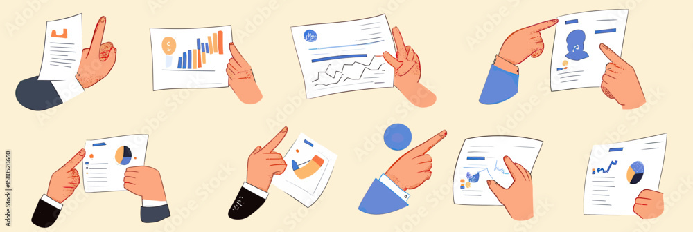 Poster set of diverse hands pointing at various business finance charts graphs documents analysis teamwork 