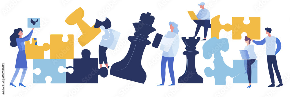 Aufkleber business team collaborating with large puzzle pieces and oversized chess figures illustrating strate
