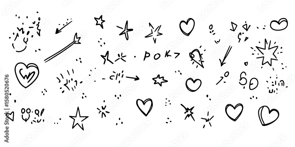 Aufkleber hand drawn doodle elements collection with hearts stars arrows sparkles in simple sketch line style 