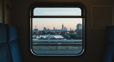 Twilight City View from Inside a Train with Reflections and Blue Seats