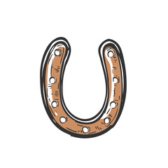 Hand drawn brown horseshoe with nail holes sketch style western cowboy luck symbol vintage doodle vector illustration on white background
