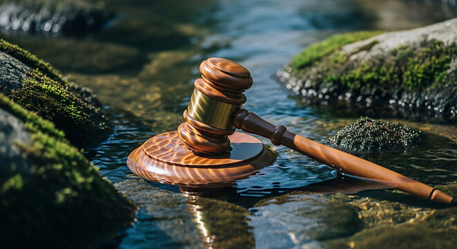 Gavel rests in a shallow stream among moss-covered rocks, symbolizing environmental law or justice.