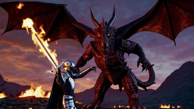 A knight faces a two-faced dragon with a flaming sword, ready to battle.