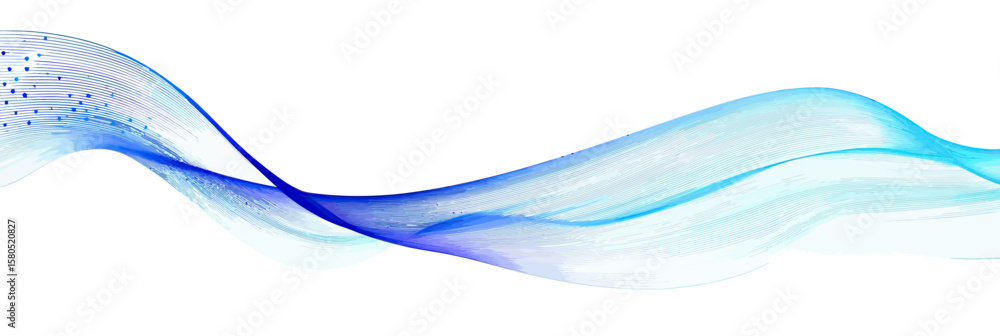 Poster abstract flowing blue wave lines with translucent gradient effect and digital particle accents on wh