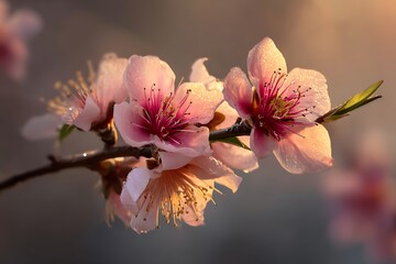 The Delicate Beauty of Peach Blossoms Bathed in Golden Light