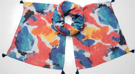 Vibrant Abstract Print Scarf: Colorful Fashion Accessory with Tassels - Spring Summer Style