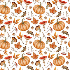 Organic garden mix of flora with mushroom, foliage, and acorn.
Watercolor texture adds nostalgic charm to this seamless autumn pattern.
Decorative and soft design for natural, cozy themes.