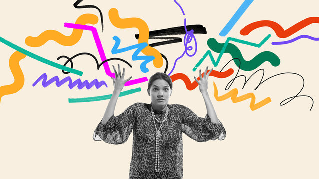 Conceptual collage of confused woman with expressive abstract scribbles. Concept of chaotic thinking, mental stress, idea overwhelm and emotional disruption for creative and educational use.