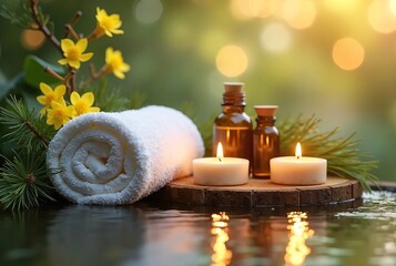 Calm spa scene: rolled towel, candles, essential oils, greenery, and bokeh lights create a tranquil ambiance with water reflection. Spa service ads