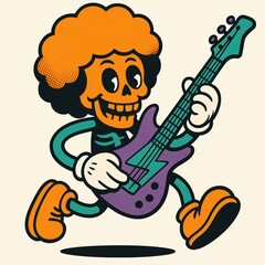 groovy halloween  Colorful cartoon skeleton character with afro hairstyle joyfully playing purple electric guitar while walking energetically