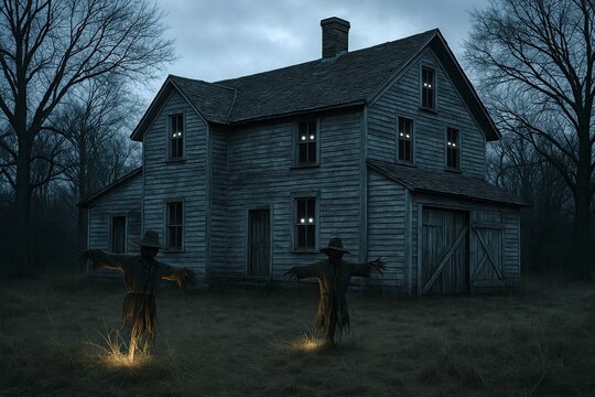 eerie abandoned house with glowing windows and scarecrows in a dark forest under a gloomy sky, evoking mystery and suspense