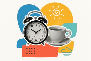 modern collage of  retro alarm clock and steaming coffee cup on colorful abstract geometric background symbolizing morning  time and relaxation