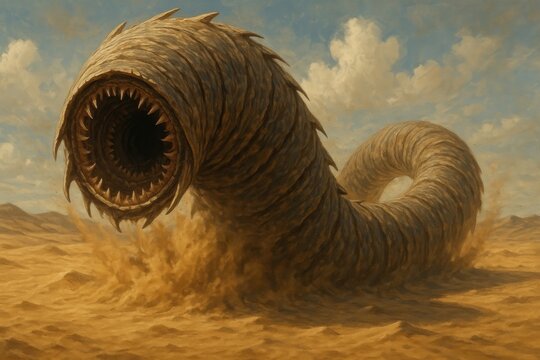 Giant sandworm in desert landscape.