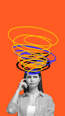 Graphic composition of puzzled woman with swirling spiral chaos above head. Concept of overthinking, decision anxiety, mental swirl and confusion for cognitive and emotional awareness topics.