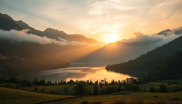 Serene sunrise paints misty mountains, reflecting golden light on calm lake nestled in valley,  panoramic,  stock photo