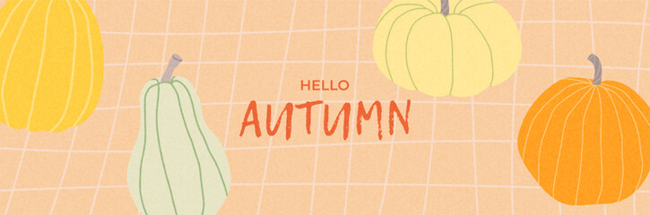 Cozy fall banner with minimal squash pumpkins. Autumn design for seasonal offers, invitations, or printable posters