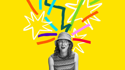 Expressive illustration of amazed woman with energetic scribbles and stars overhead. Concept of...