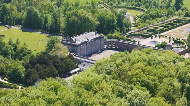 magnificent buildings parks ponds ch&acirc;teau seneffe architecture nature creates right to left pans aerial drone view of de belgium 
