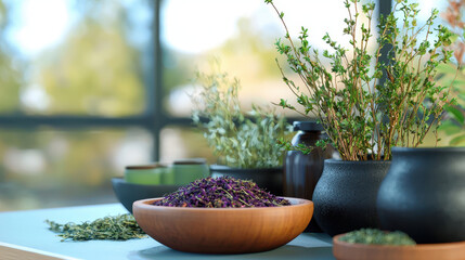 Natural healing herbs, dried flowers, and essential oils arranged in bowls and jars create serene atmosphere