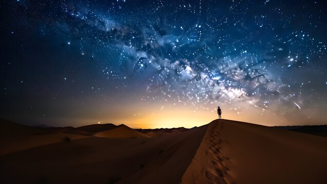 Explore the night sky milky way over desert landscape silhouette person standing sand