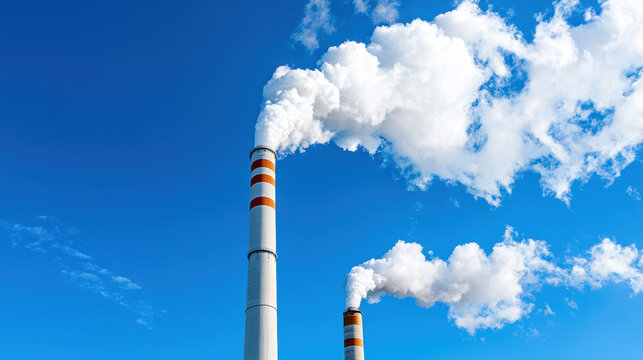 Industrial smokestacks release white smoke into clear blue sky, symbolizing pollution and environmental impact