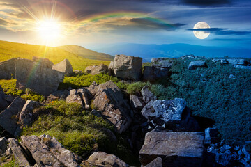 rocks on alps in mountains. wonderful travel landscape in summer. day and night time change...