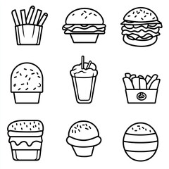 Fast Food Icon Set - Black & White Line Art