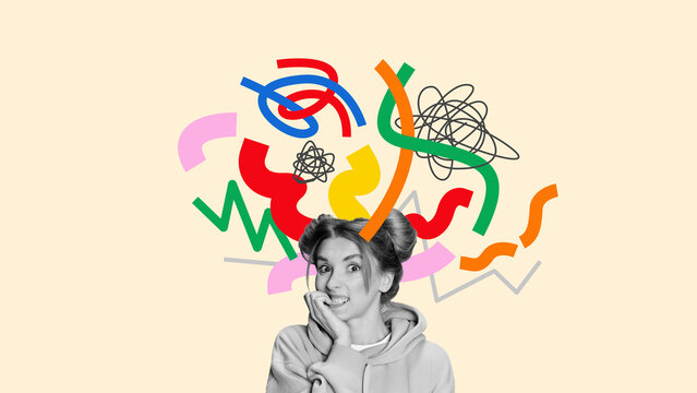 Dynamic conceptual artwork of anxious girl with colorful visual chaos above head. Concept of internal stress, social overwhelm, mental overload and impulsive thinking in youth-focused themes.