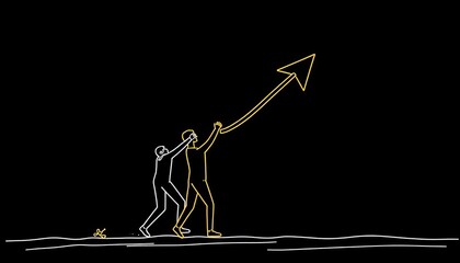 Single line drawing of figures lifting an upward arrow symbolizing teamwork and success,  vector,  concept
