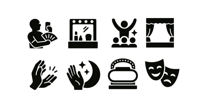 Theater, performance solid icon set. drama, stage arts solid collection