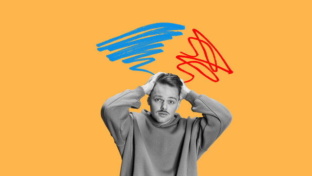 Expressive digital composition of frustrated man with chaotic thoughts in red and blue. Concept of emotional overload, burnout, inner conflict and mental noise in psychological and male contexts.