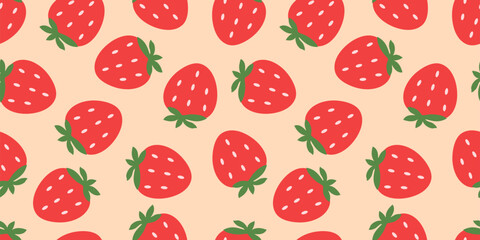Playful seamless pattern with whole red strawberries and green leaves on a peachy background. Perfect for summer-themed textile prints, packaging, stationery, and digital designs