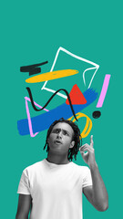 Conceptual collage with confused man under chaotic thoughts spiral. Concept of mental overload and...