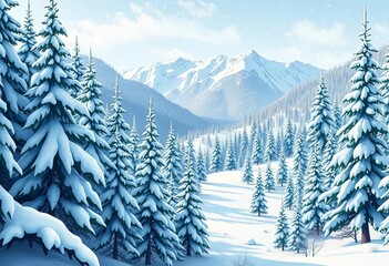 Snowy pine forest, snow-capped mountains, winter landscape Paper art style vector illustration for Christmas & New Year,  merry christmas,  landscape