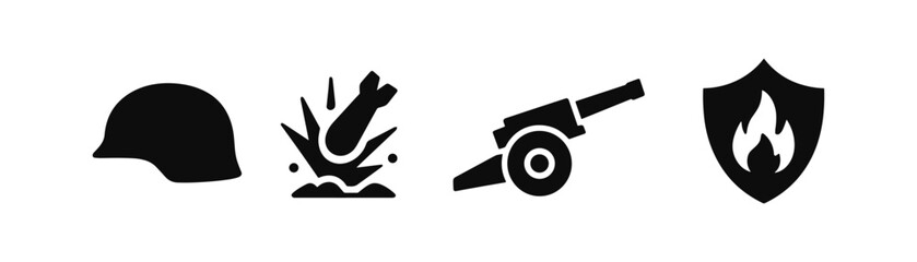 Fototapeta premium Military and defense silhouette icon set. helmet, bomb, and shield symbols collection