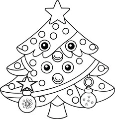 Bold line drawing of Christmas tree with holiday ornaments Vector illustration