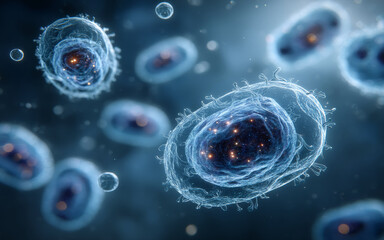 Microscopic Virus Visualization – Realistic Pathogen Structure on Blue Scientific Background 