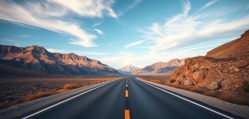 Split road, one paved, one rugged, leading to distant peaks,  difficult,  road