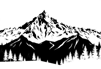 Stylized black and white mountain range with minimalist trees, stencil effect,  artwork,  mountains
