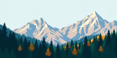 Stylized flat design mountain forest scene, ideal for travel/adventure themes,  travel,  spring