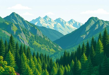Stylized flat vector illustration of a green forest mountain landscape ideal for wallpaper, backdrop, or tourism design,  picture,  green