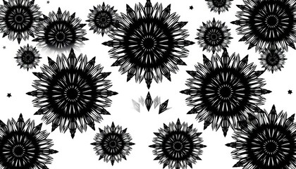 Stylized black starbursts, intricate geometric patterns, varying sizes, vector format, stylish, shadow