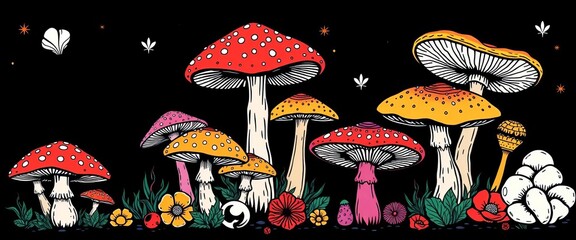 Stylized mushroom collection, linear art tattoo design, edible & psychedelic varieties ,  vector,  simple