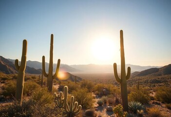 Sun-drenched desert landscape with towering cacti and rolling hills, wildlife, mountains